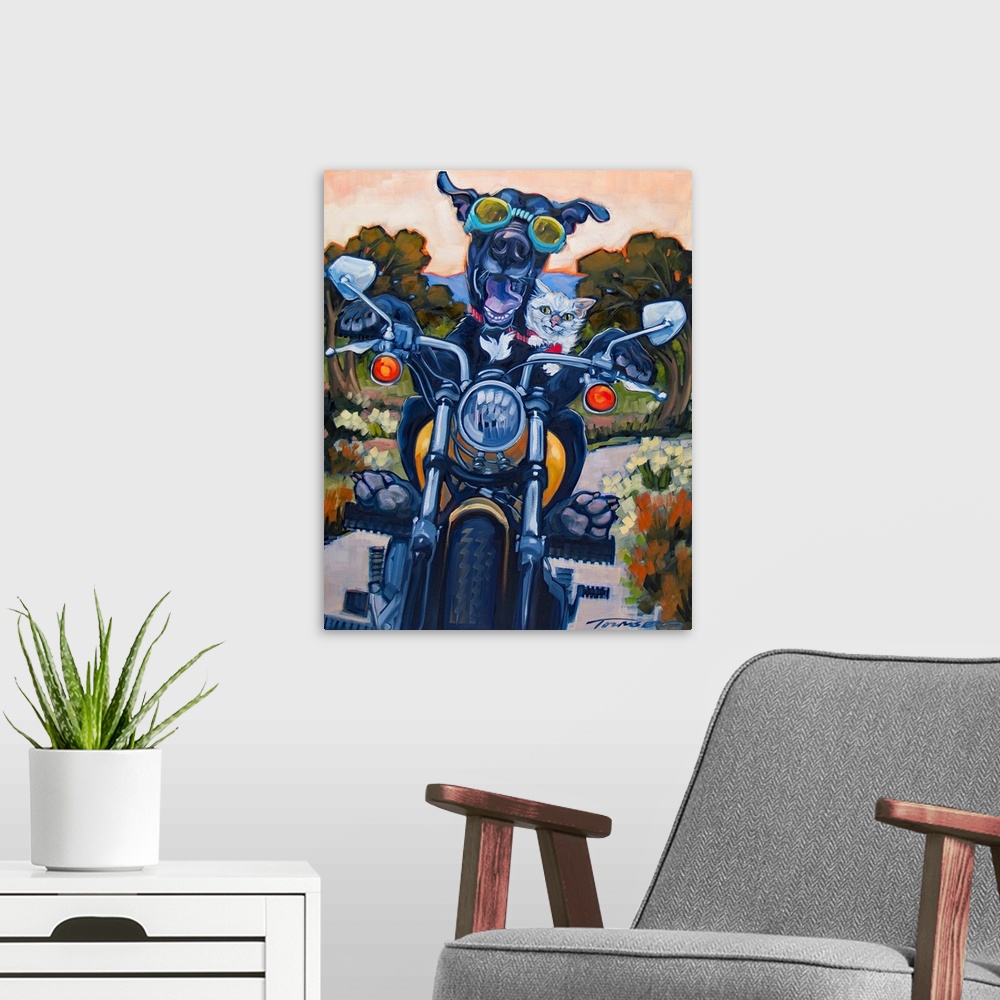 A modern room featuring Thick brush strokes create a humorous scene of a dog and cat riding a motorcycle.