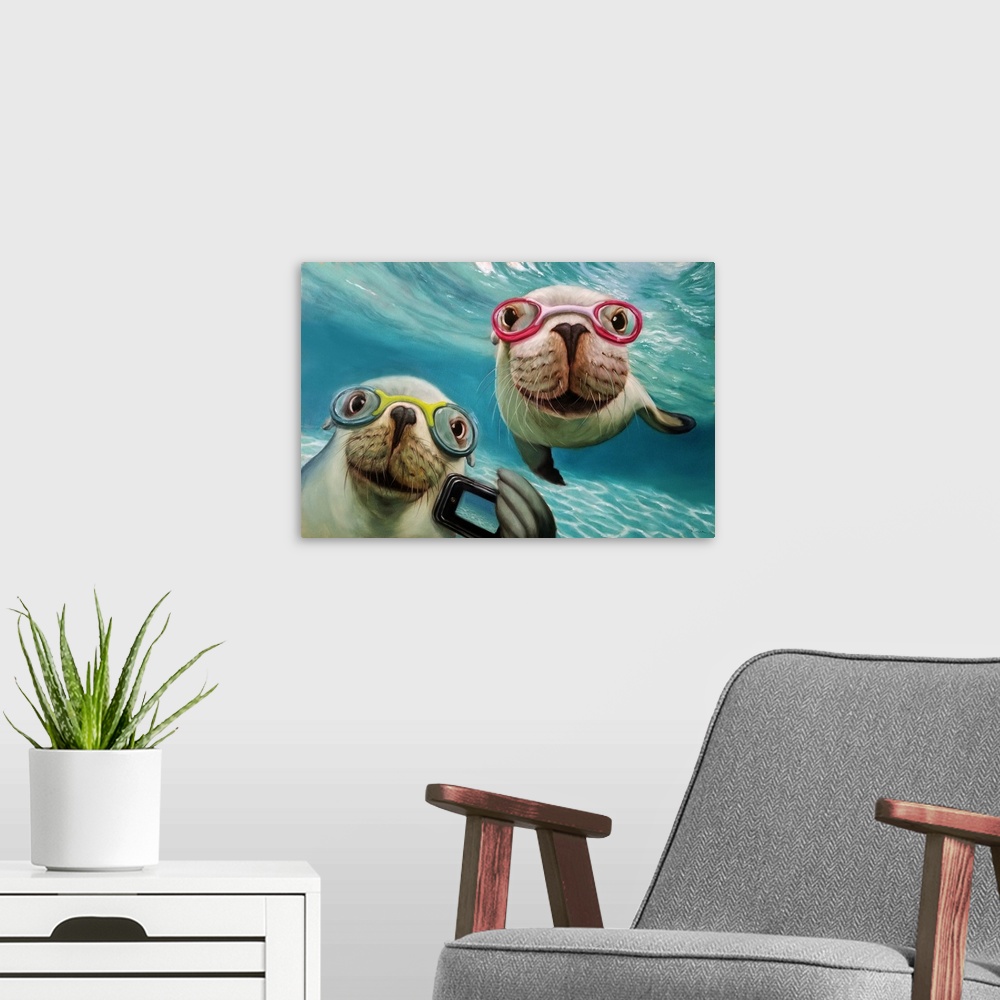 A modern room featuring Underwater Selfie