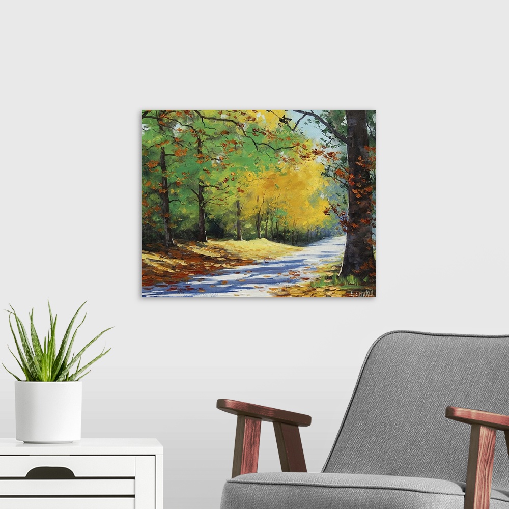 A modern room featuring Contemporary painting of an idyllic countryside road cutting through autumn foliage.