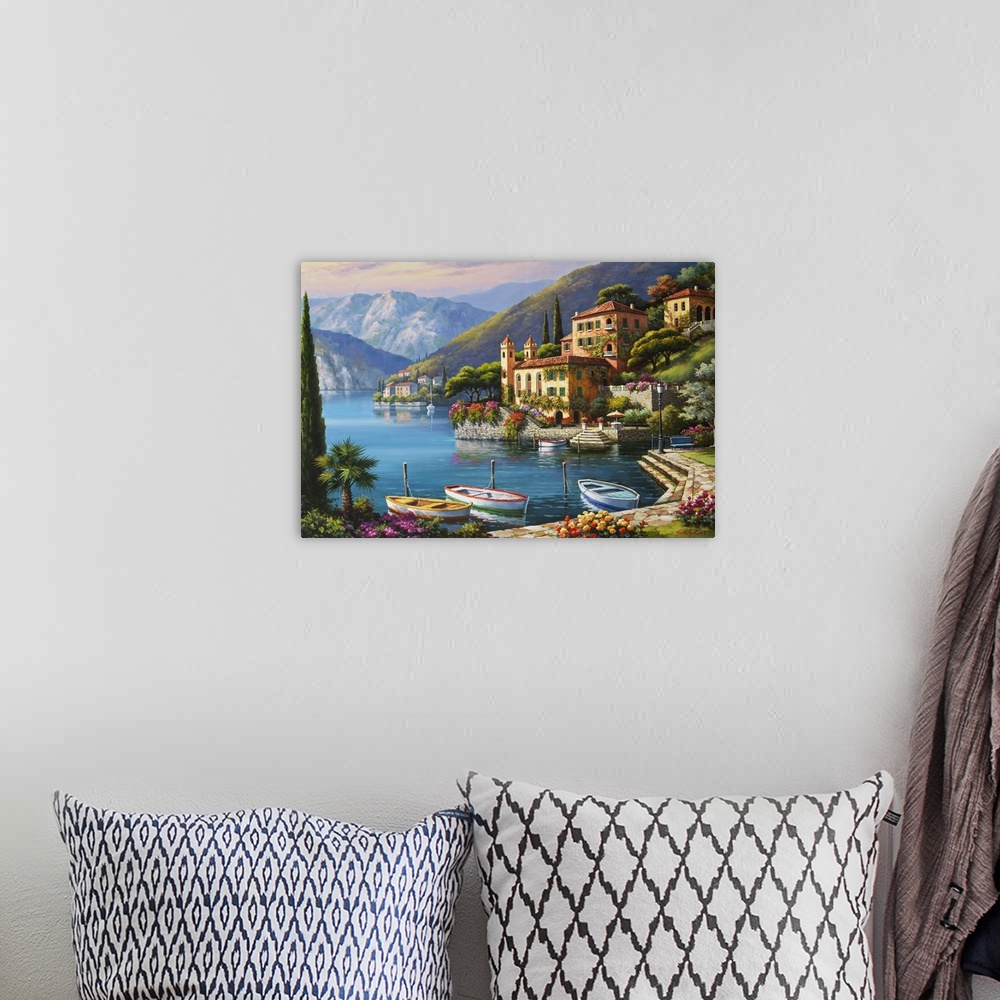 A bohemian room featuring Contemporary painting of an idyllic rural European village scene.