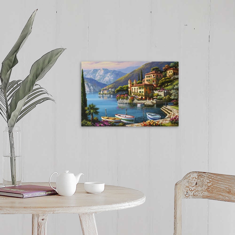 A farmhouse room featuring Contemporary painting of an idyllic rural European village scene.