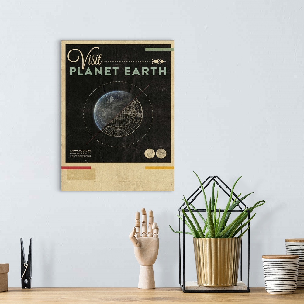 A bohemian room featuring Contemporary retro stylized travel poster for visiting planet earth.