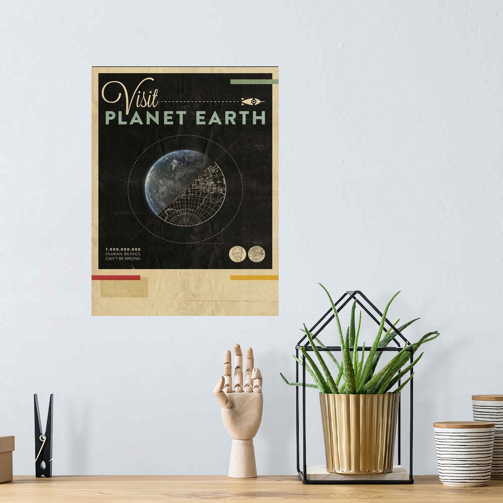 A bohemian room featuring Contemporary retro stylized travel poster for visiting planet earth.