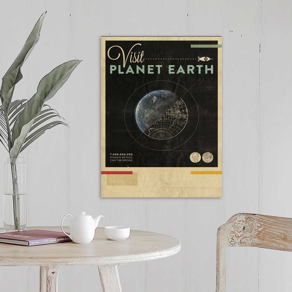 A farmhouse room featuring Contemporary retro stylized travel poster for visiting planet earth.