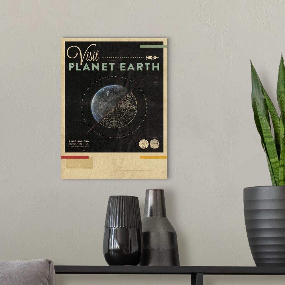 A modern room featuring Contemporary retro stylized travel poster for visiting planet earth.