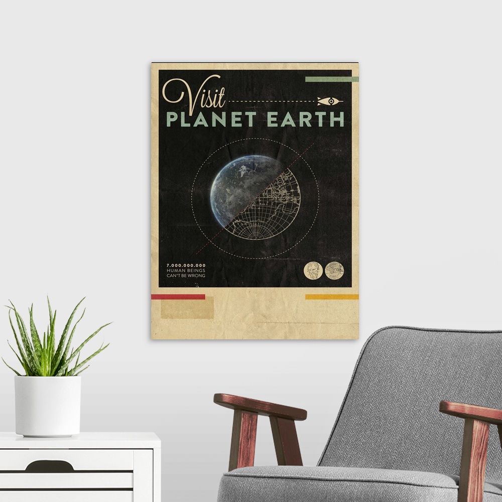 A modern room featuring Contemporary retro stylized travel poster for visiting planet earth.