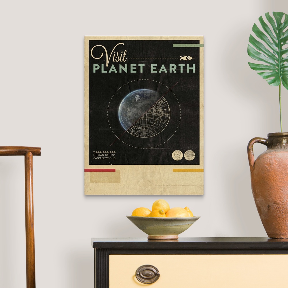A traditional room featuring Contemporary retro stylized travel poster for visiting planet earth.