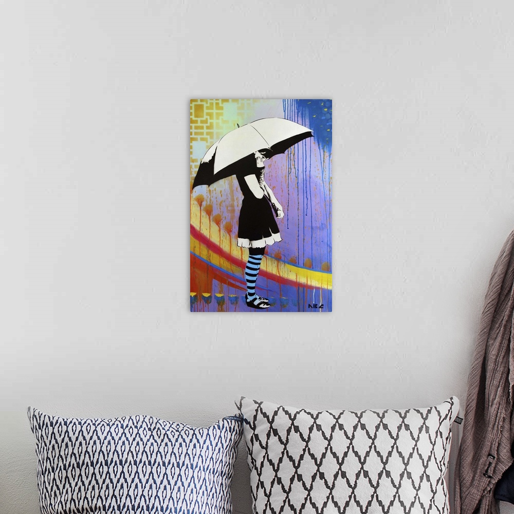 A bohemian room featuring Urban painting of a woman holding a white umbrella.