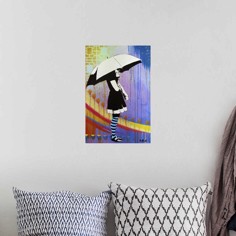 A bohemian room featuring Urban painting of a woman holding a white umbrella.