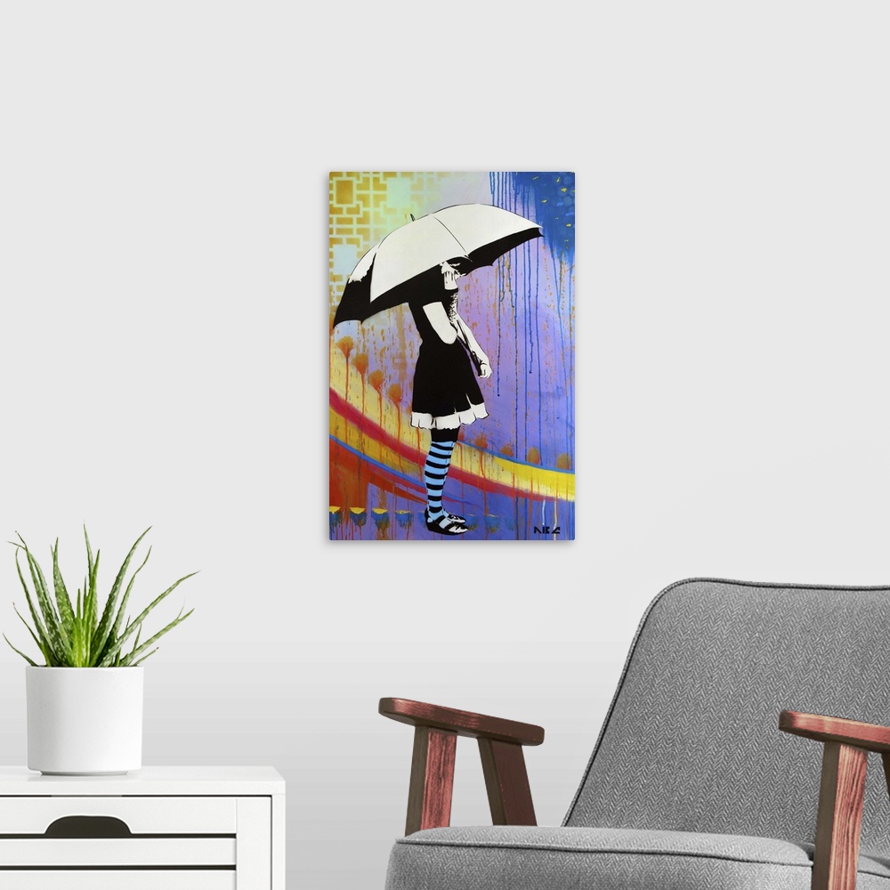 A modern room featuring Urban painting of a woman holding a white umbrella.