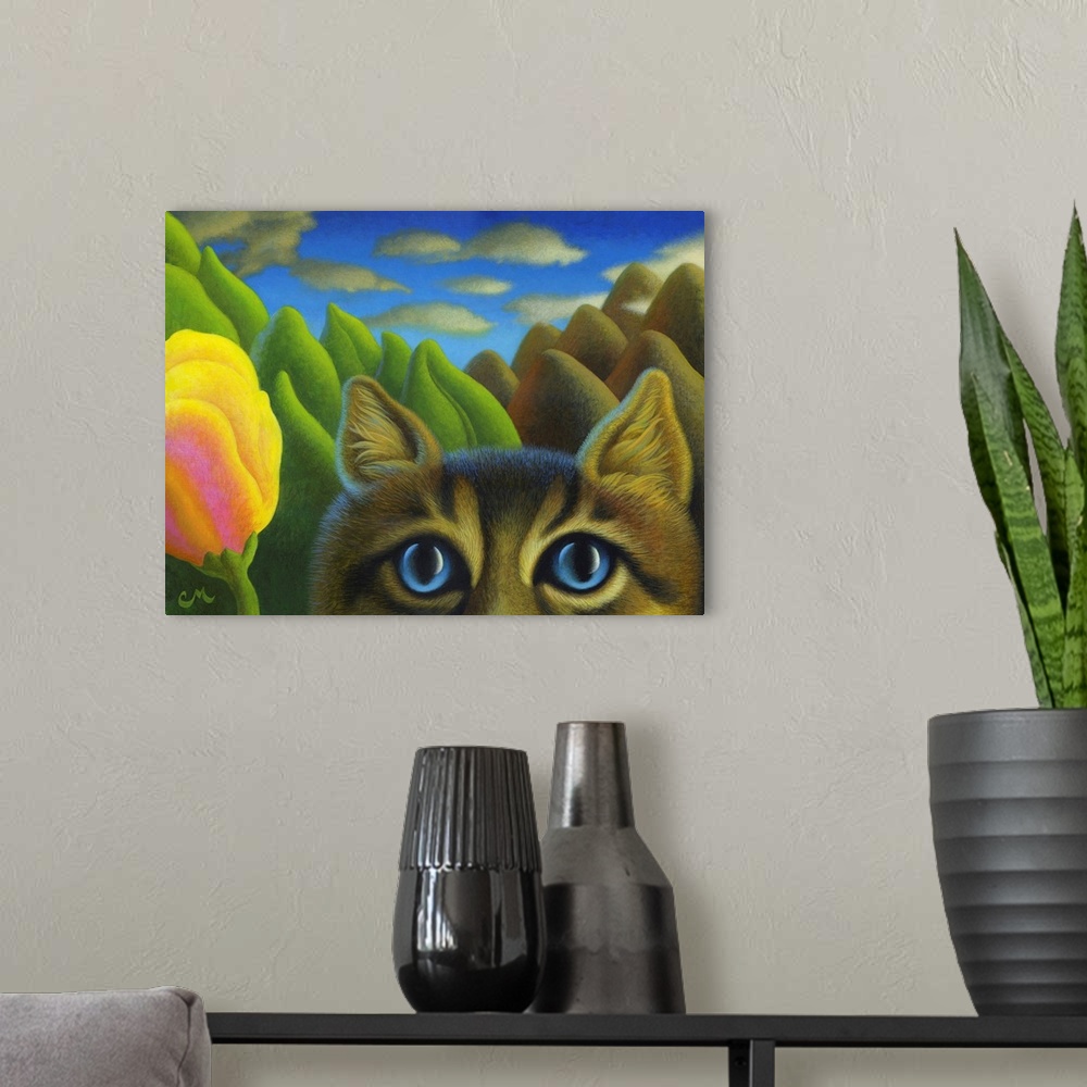 A modern room featuring Surrealistic painting of a cat with an abstracted landscape in the background.