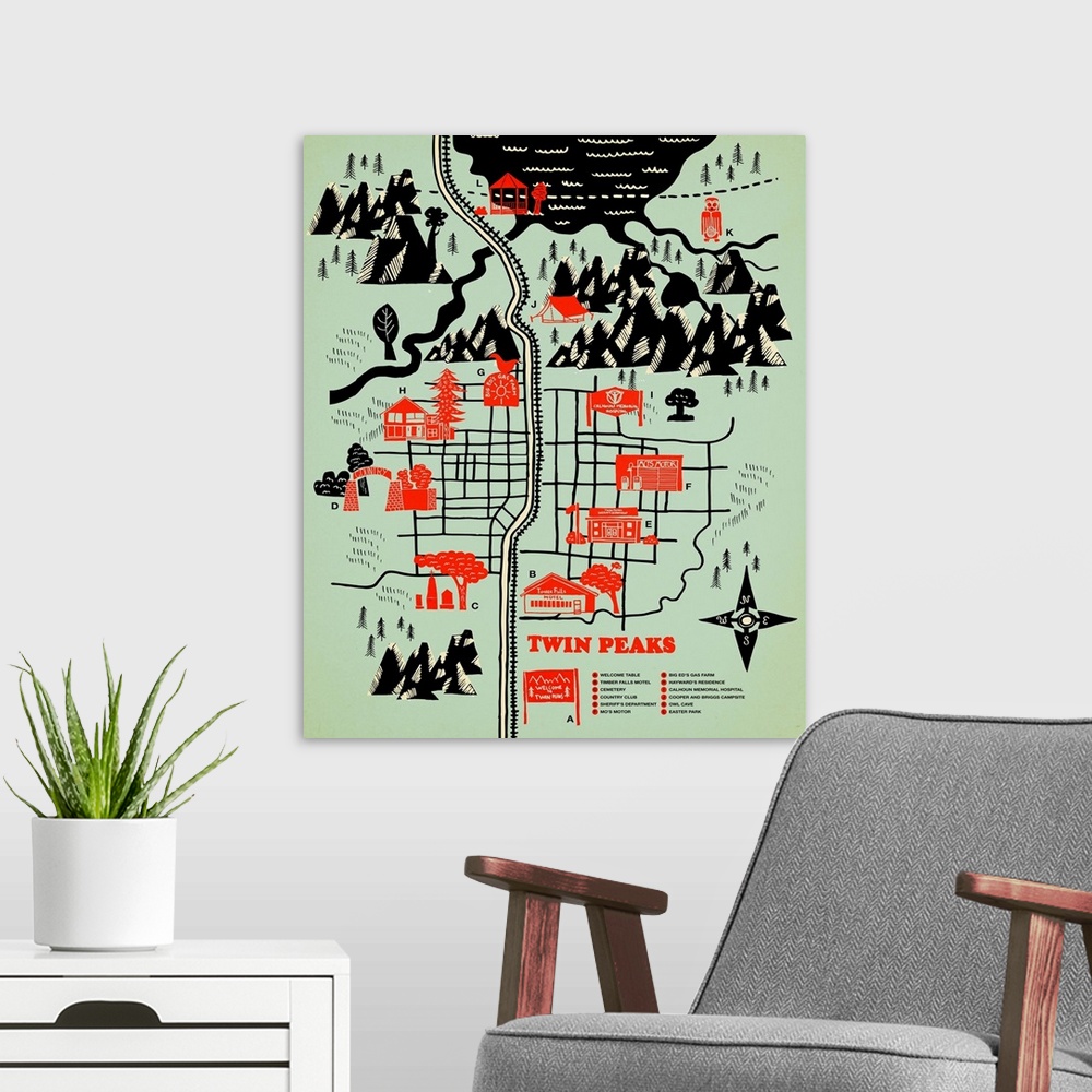 A modern room featuring Illustrated map of fictional location Twin Peaks.