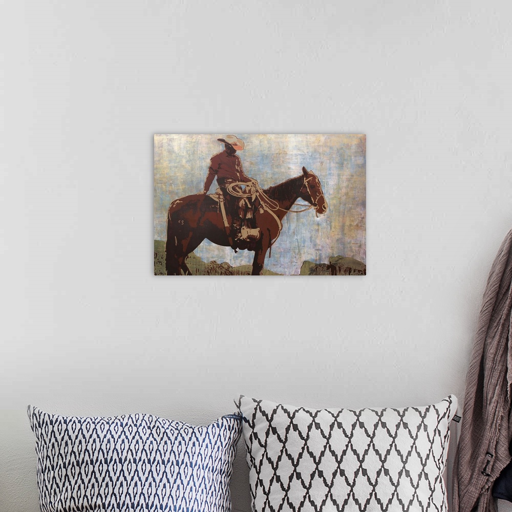 A bohemian room featuring Contemporary artwork of a cowboy on a horse.