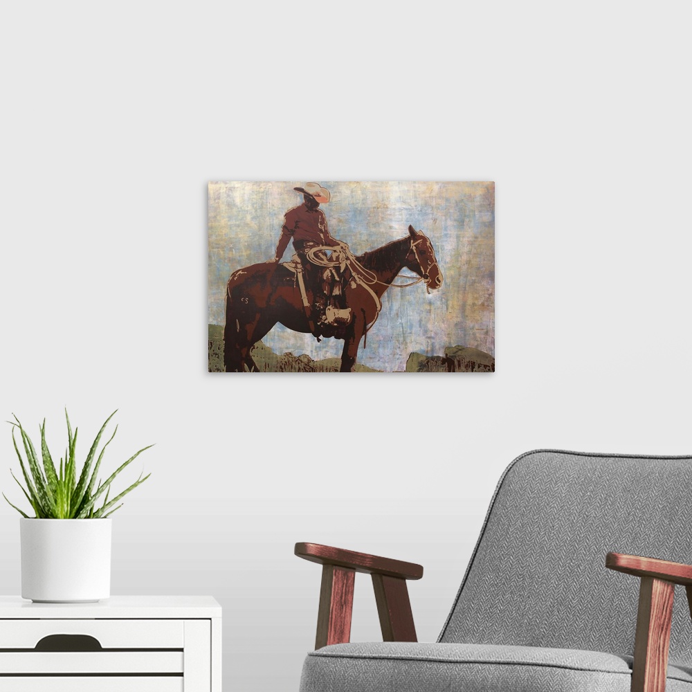 A modern room featuring Contemporary artwork of a cowboy on a horse.