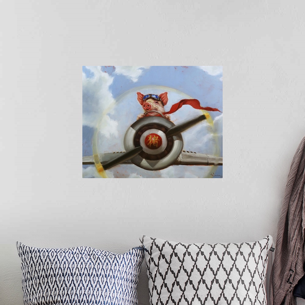 A bohemian room featuring A painting of a pig flying an airplane.
