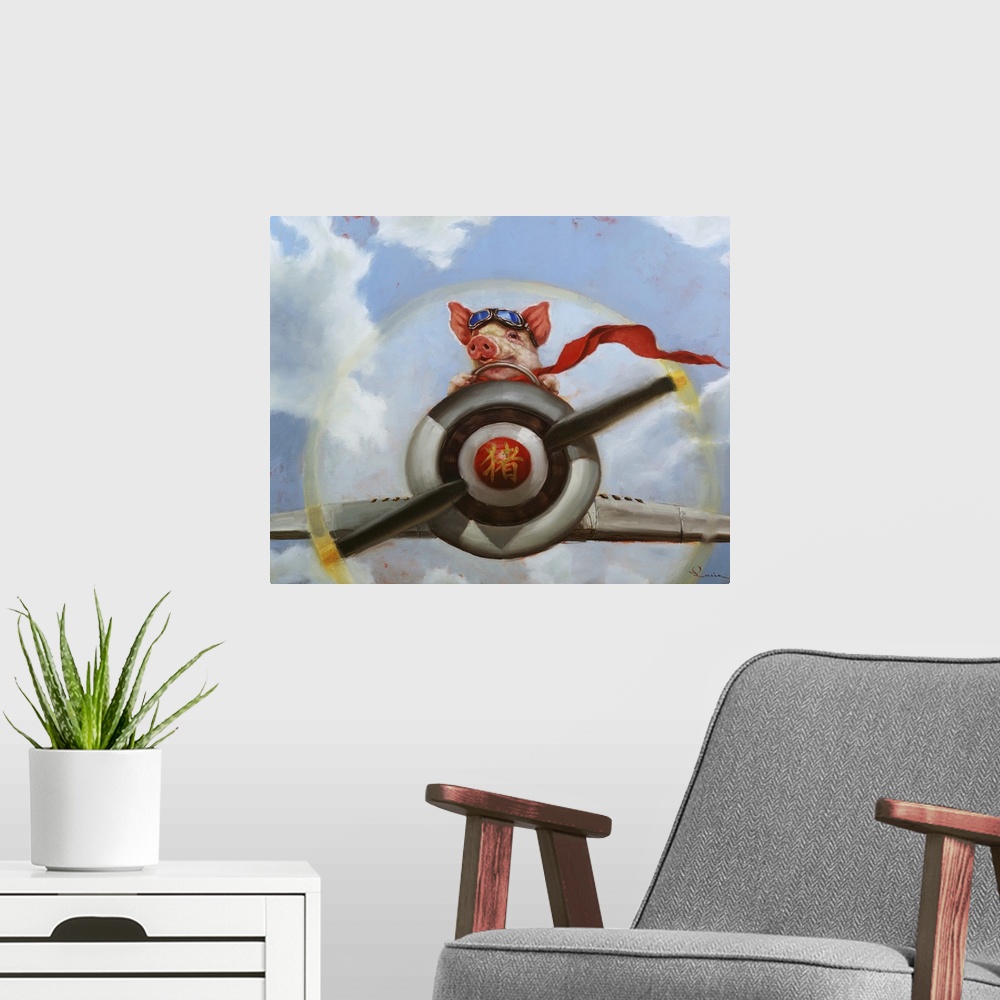 A modern room featuring A painting of a pig flying an airplane.