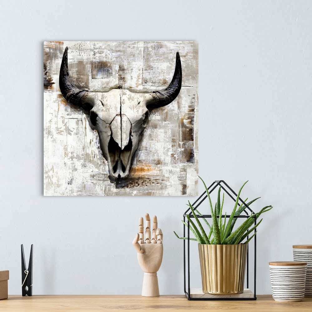 A bohemian room featuring A digital illustration of a cow skull in neutral tones with a rustic textured effect.