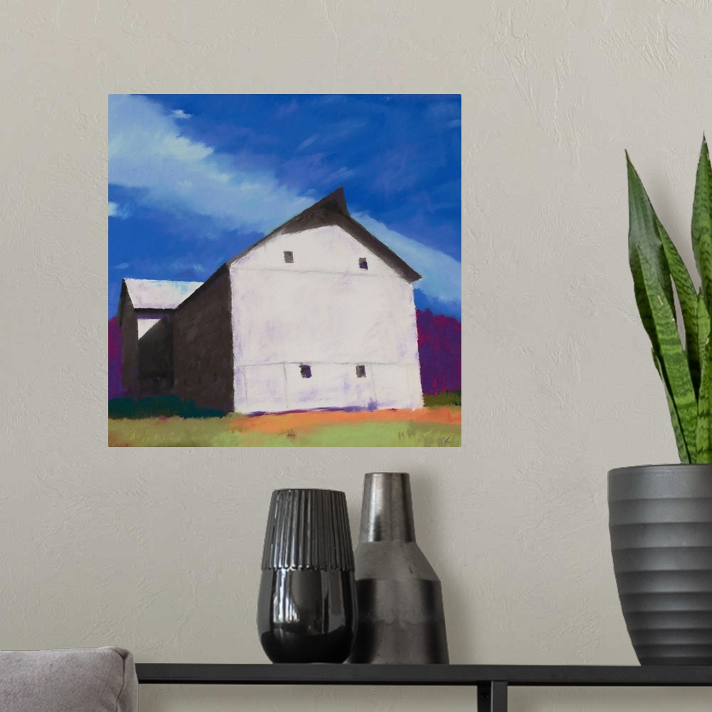 A modern room featuring A contemporary painting of a white barn with a brilliant blue sky.