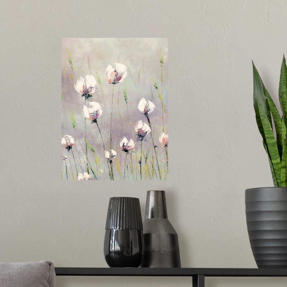 A modern room featuring A light, contemporary painting of tall white flowers interspersed with green grasses on a neutral...