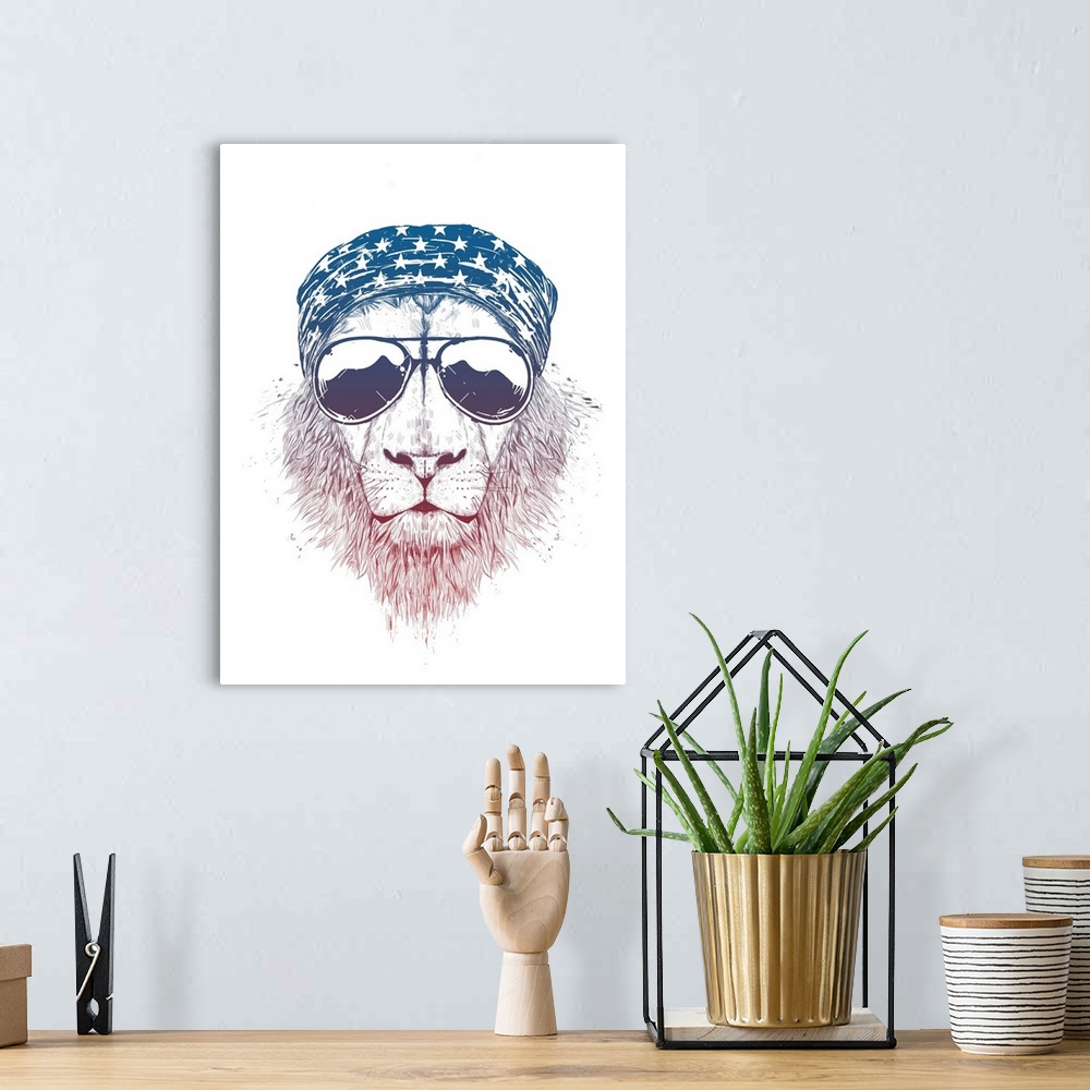 A bohemian room featuring Portrait of lion wearing aviator sunglasses and a star spangled bandana.