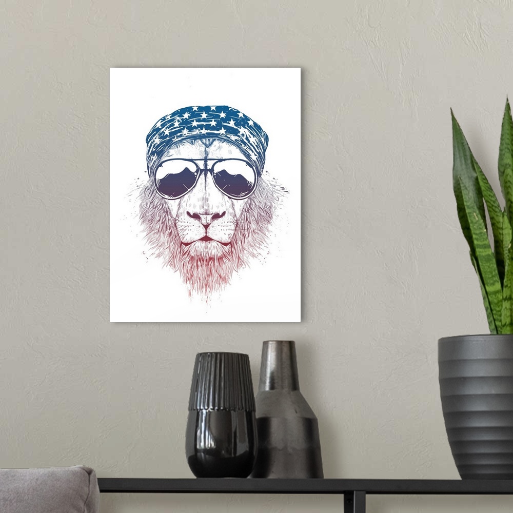 A modern room featuring Portrait of lion wearing aviator sunglasses and a star spangled bandana.
