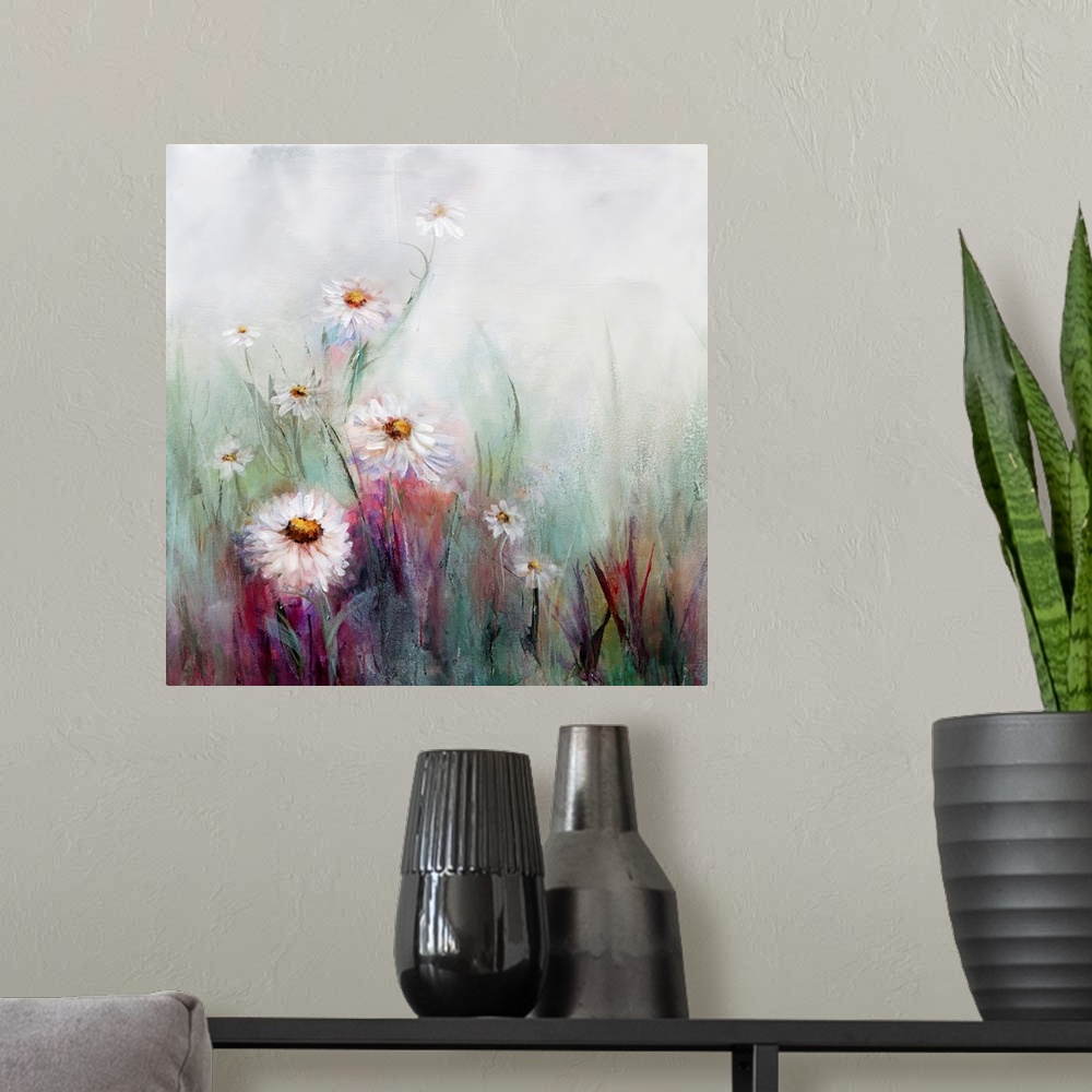 A modern room featuring An ethereal painting of white oxeye daisies mixed with tones of pink in front of a misty white ba...