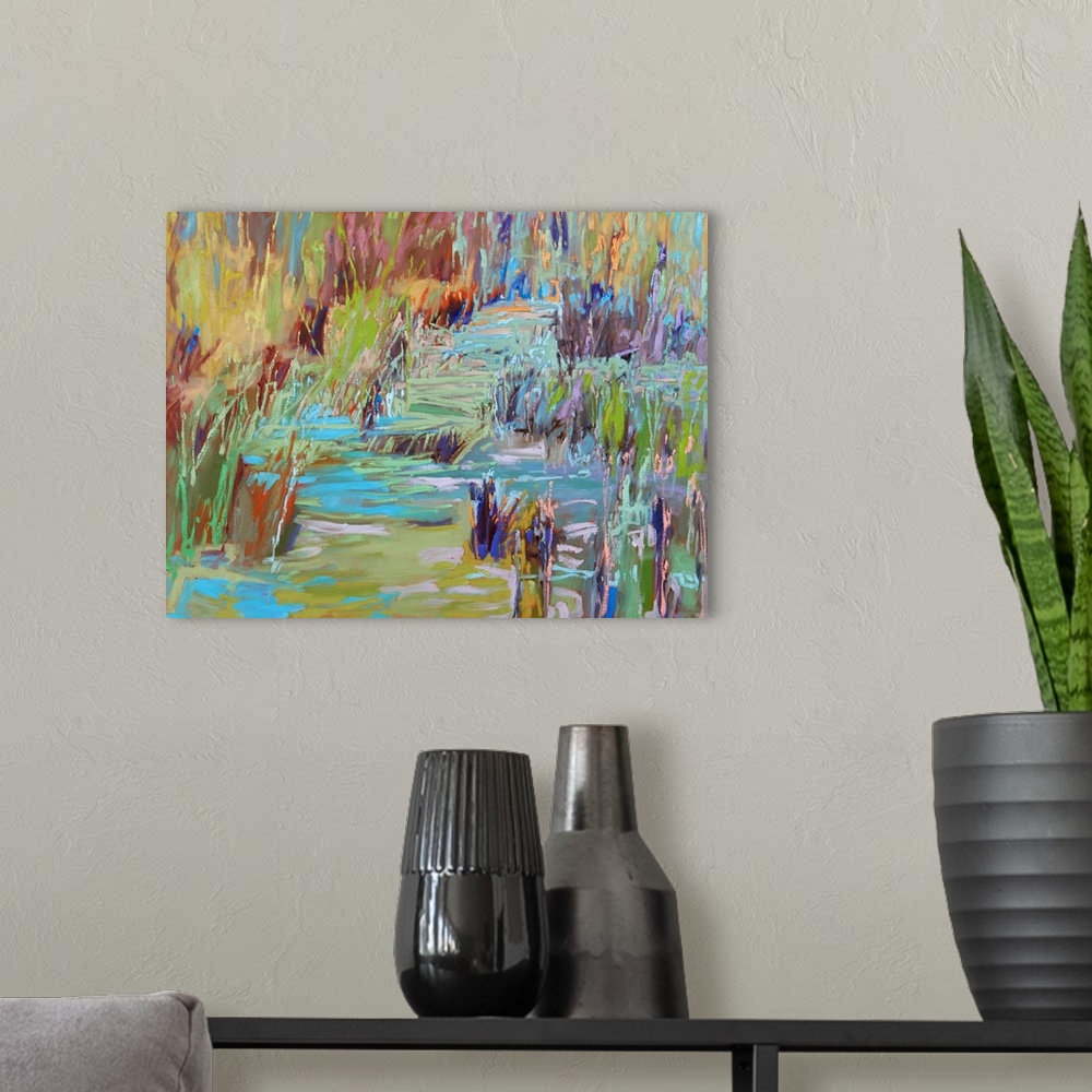 A modern room featuring A horizontal abstract landscape of brush strokes of vivid colors.