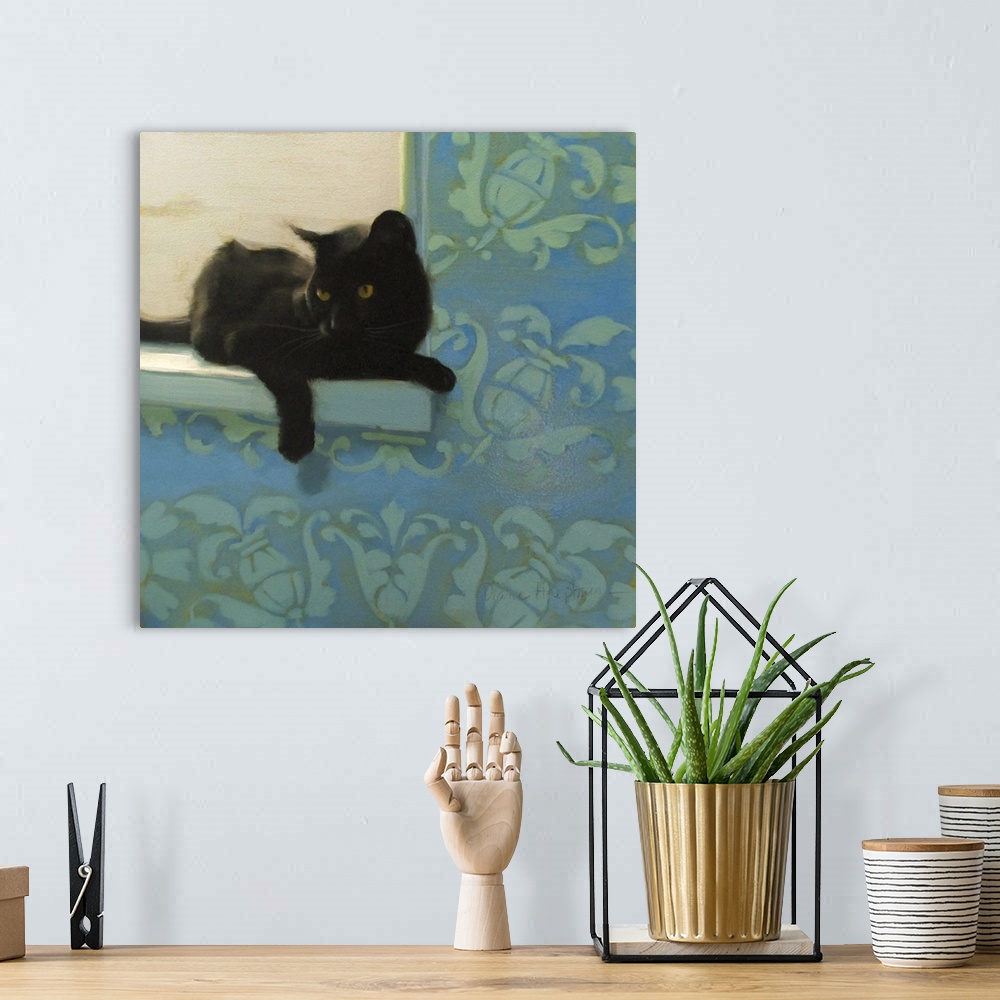 A bohemian room featuring Contemporary painting of a black cat resting on a windowsill.