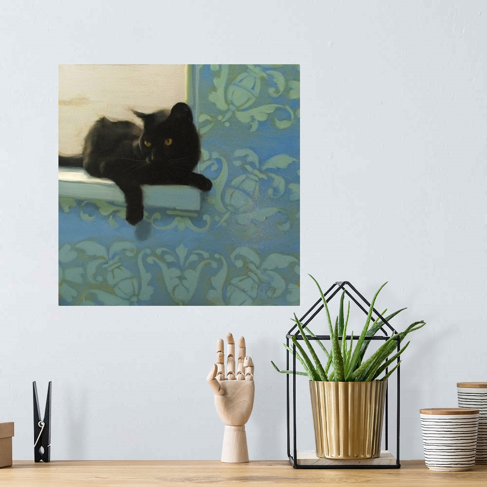 A bohemian room featuring Contemporary painting of a black cat resting on a windowsill.