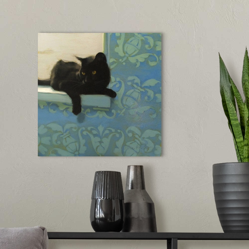 A modern room featuring Contemporary painting of a black cat resting on a windowsill.