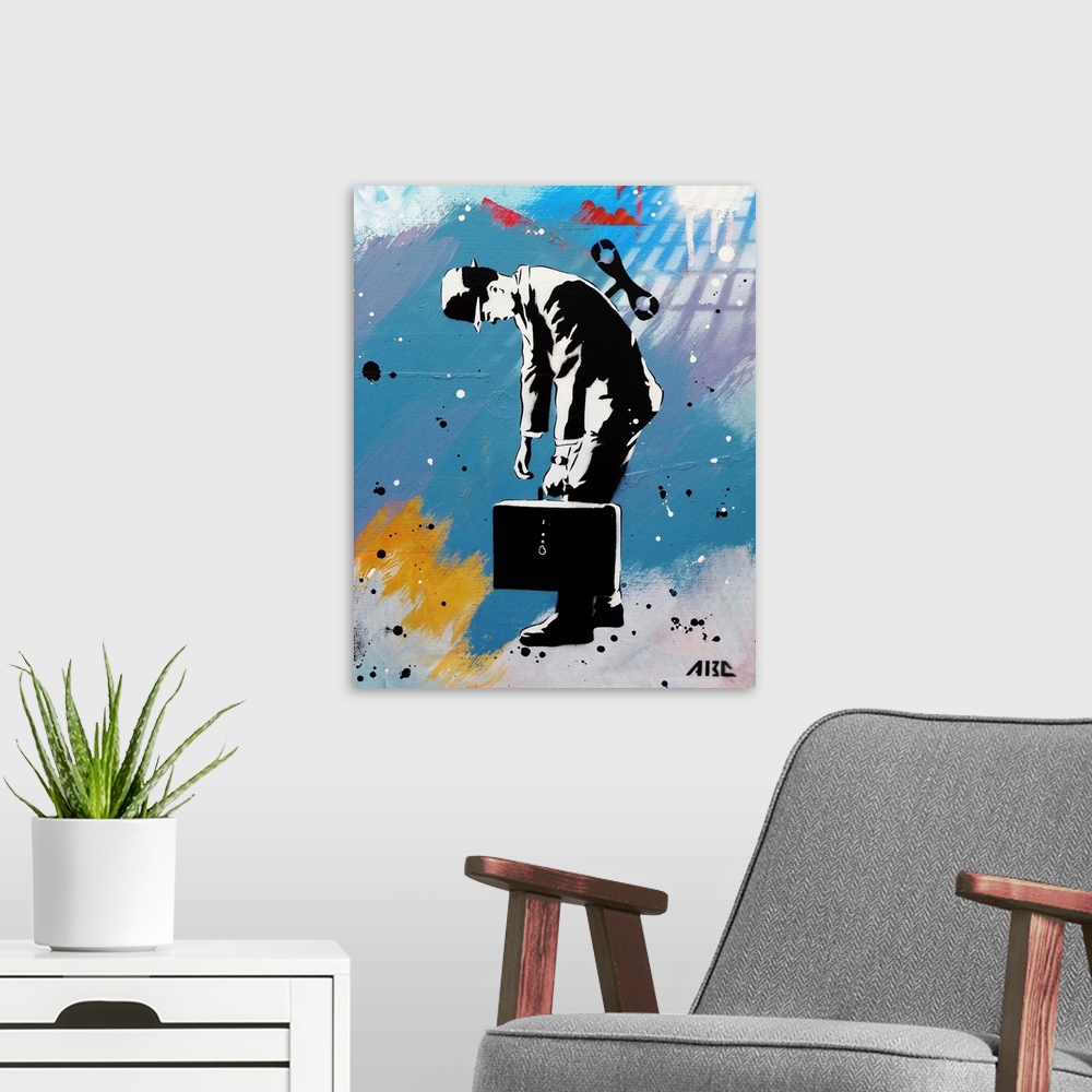 A modern room featuring Urban painting of a business man with a wind-up key in his back.