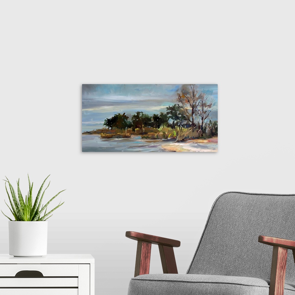 A modern room featuring A contemporary painting of a landscape in the winter.