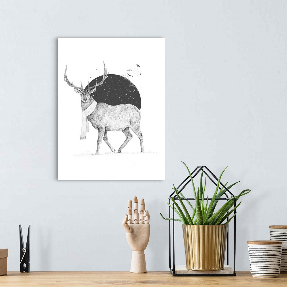 A bohemian room featuring Surrealistic portrait of a deer in winter wearing a scarf.