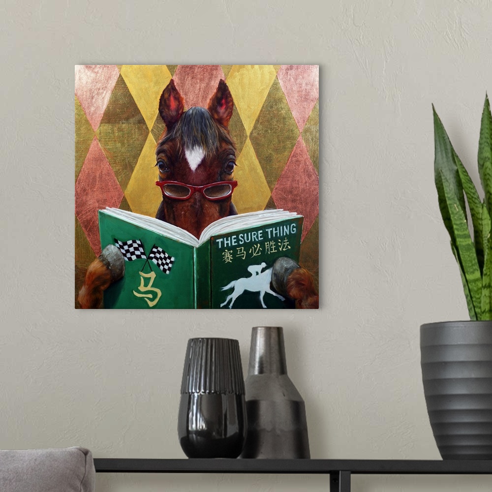 A modern room featuring A square painting of a horse with eyeglasses, reading a betting book.