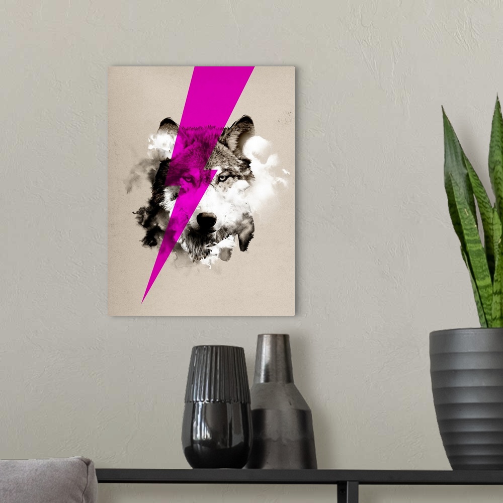 A modern room featuring Decorative artwork of a wolf head revealed by smoke with a purple lightening bolt going across th...