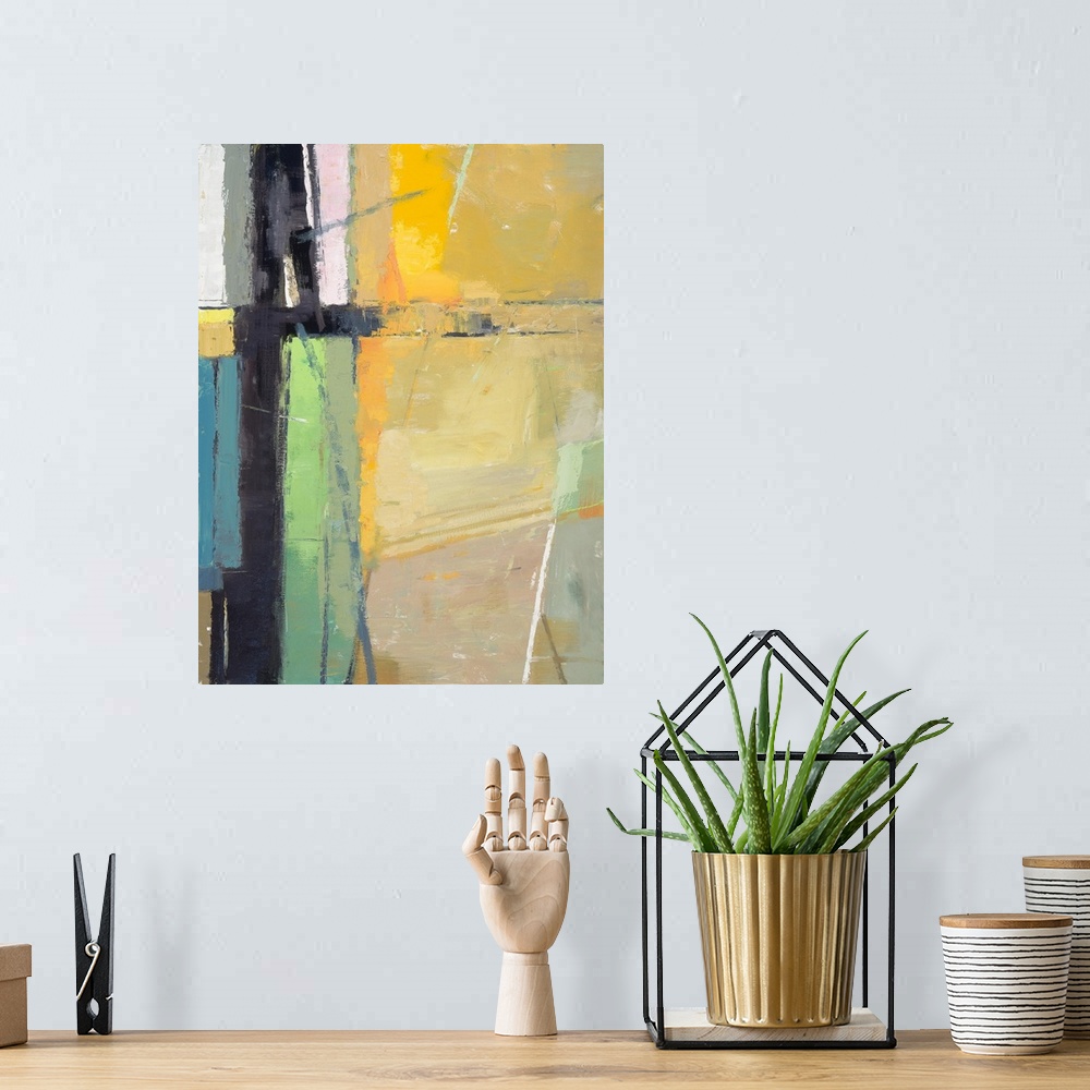 A bohemian room featuring Contemporary abstract painting using multiple colors in warm and cool tones.