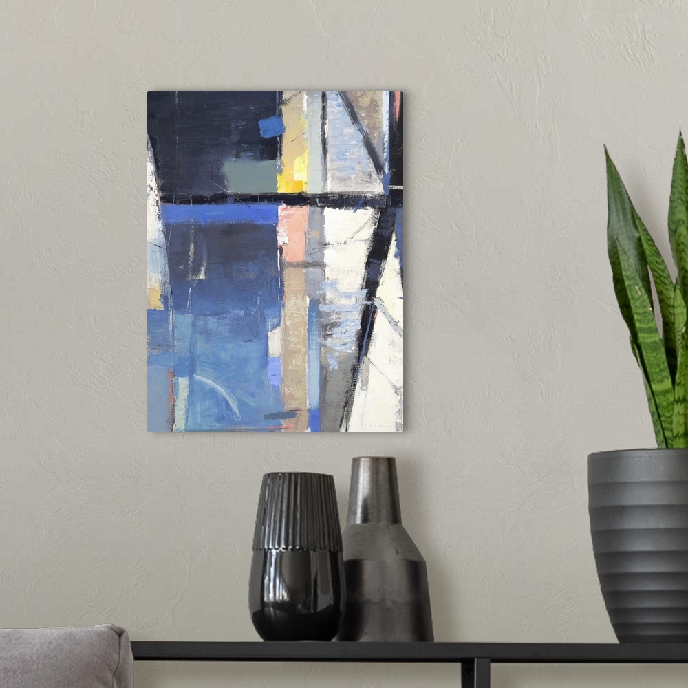 A modern room featuring Contemporary abstract painting using dominant cool tones.