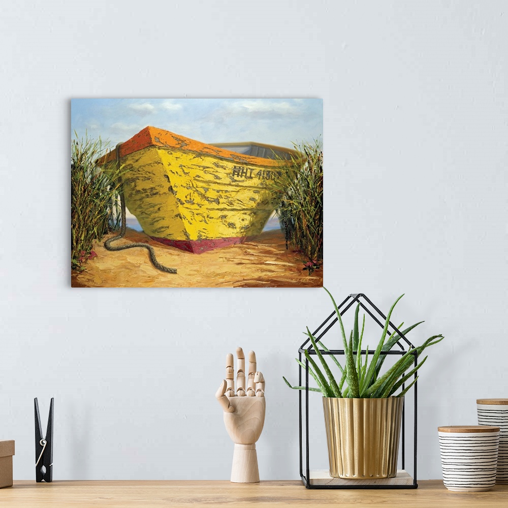A bohemian room featuring Yellow and Orange Rowboat