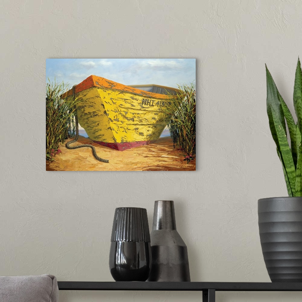 A modern room featuring Yellow and Orange Rowboat