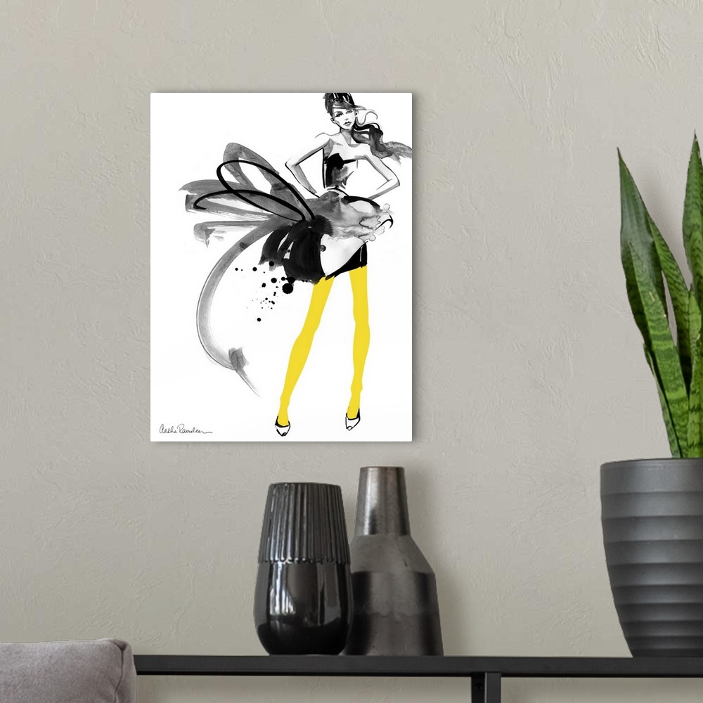 A modern room featuring Contemporary fashion artwork of a woman wearing a decorative dress with bright yellow tights.
