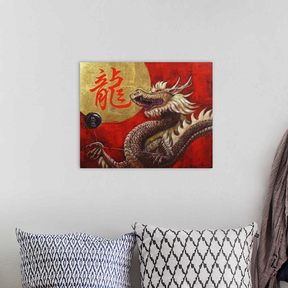 A bohemian room featuring A painting of a chinese dragon against a red background.