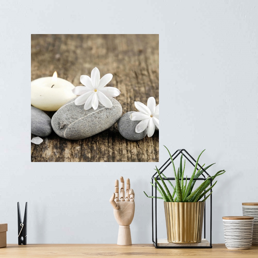 A bohemian room featuring Square image of white flowers on smooth gray rocks with a candle on wood.