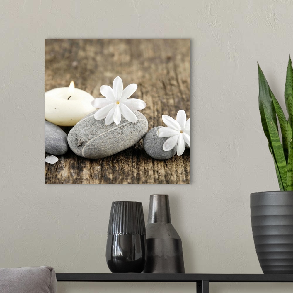 A modern room featuring Square image of white flowers on smooth gray rocks with a candle on wood.