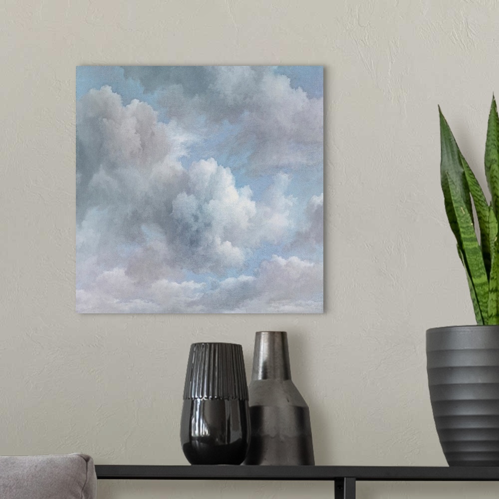 A modern room featuring A majestic sky filled with ethereal clouds in pastel tints.