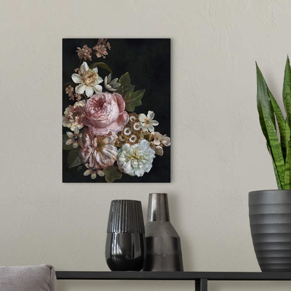 A modern room featuring A cluster of beautiful old world flowers arranged over a dark background.