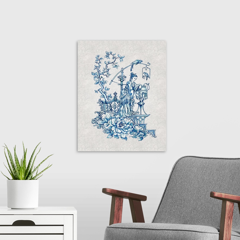 A modern room featuring Chinoiserie featuring a mother and child in blue over a linen background.