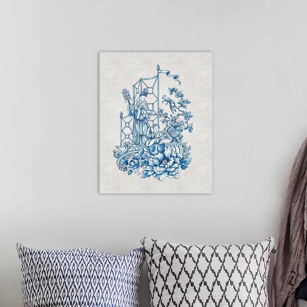 A bohemian room featuring Chinoiserie featuring a woman with birds in blue over a linen background.