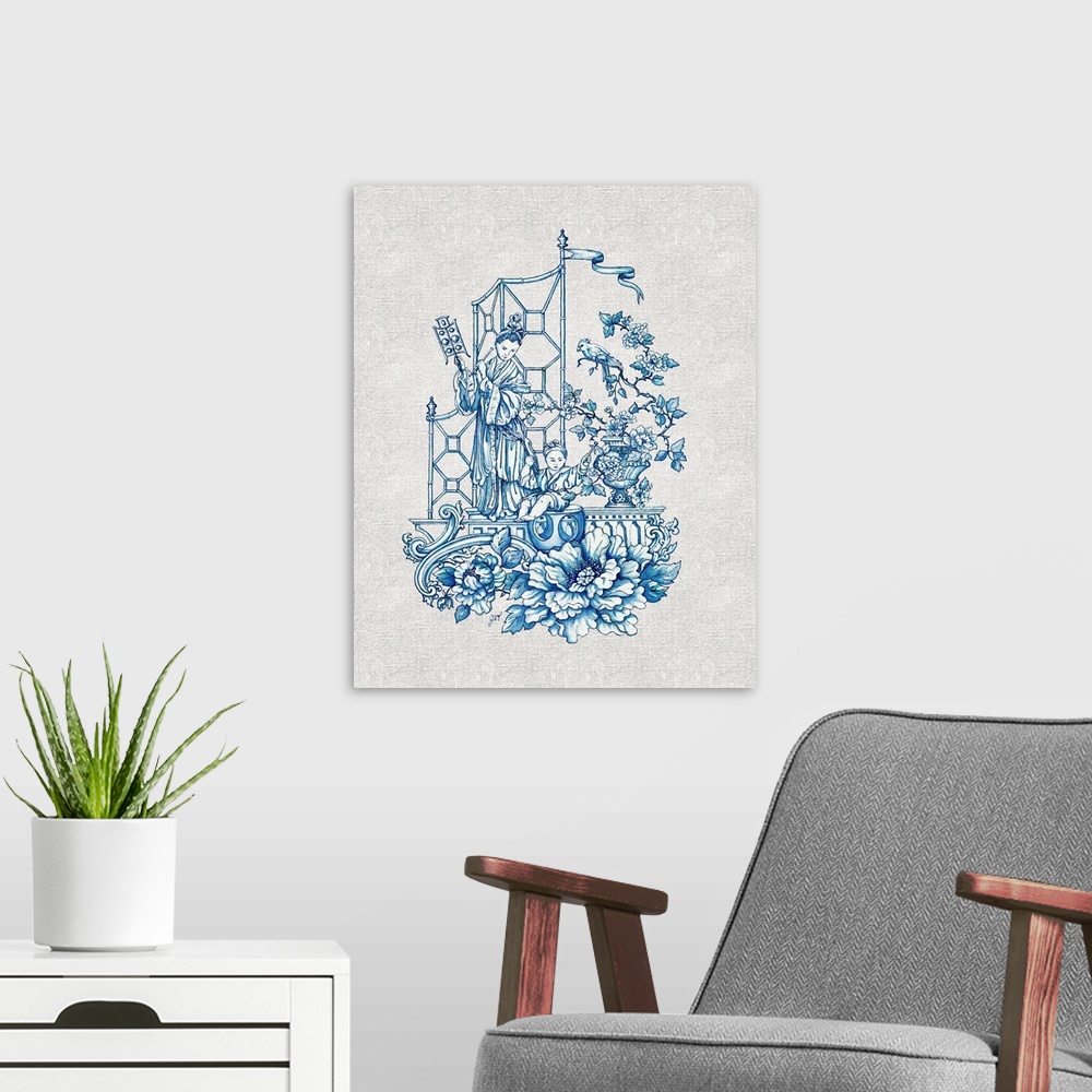 A modern room featuring Chinoiserie featuring a woman with birds in blue over a linen background.