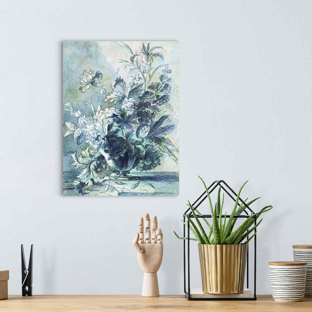 A bohemian room featuring An old world sketch of a floral arrangement in pastel shades of blue and green.