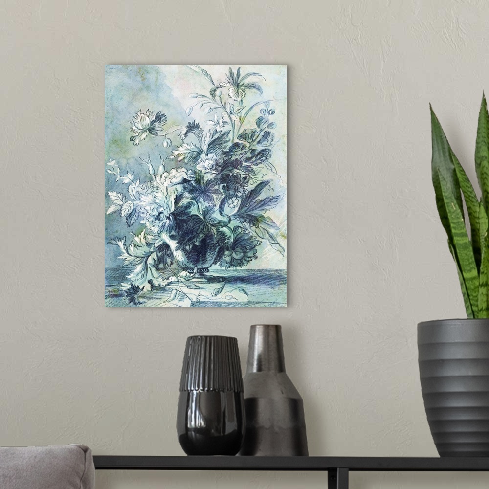 A modern room featuring An old world sketch of a floral arrangement in pastel shades of blue and green.